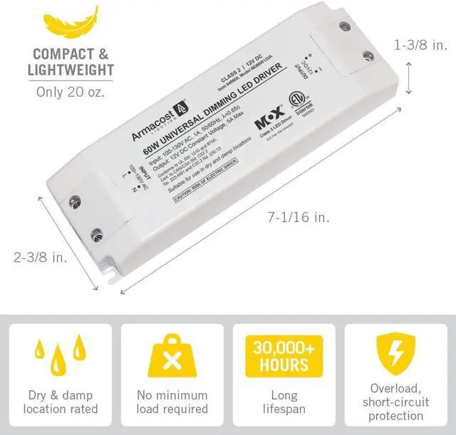 Alt view image 2 of 7 - Lighting 840600 60 watt Dimmable Driver for LED Lighting, with Removable AC Cord, White