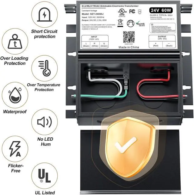 Alt view image 5 of 7 - 24V Dimmable LED Driver, 60W Triac ELV/MLV LED Transformer Compatible with Lutron&Leviton Switches, Dimmable Led Power Supply 60W 12V for LED Light Smooth Flicker Free Dimming