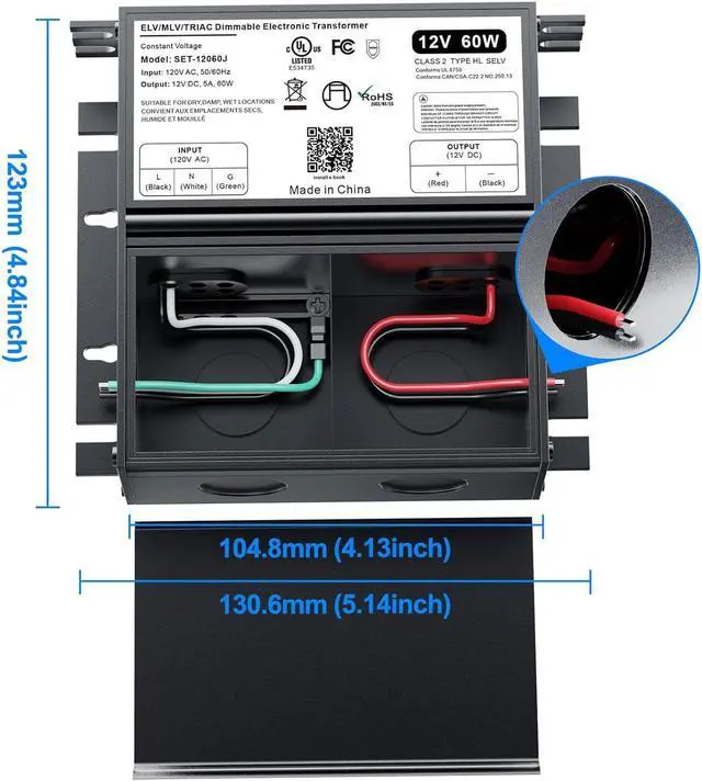 Alt view image 7 of 7 - 60W 12V Dimmable LED Driver for Lutron & Leviton Dimmer, Triac/ELV/MLV AC to DC Power Supply Transformer Strip Light Dimmable, Constant Voltage Projects, UL&FCC-Listed, Class 2