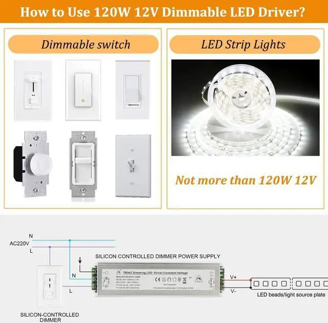 Alt view image 3 of 7 - Led dimmable Driver 12V 120W Quiet Operation Universal Regulated 12V DC SCR dimmable Power Supply Low Voltage dimmable Transformer for Constant led Products 2 Pack