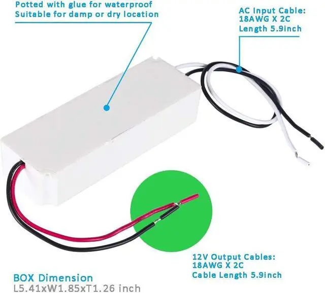 Alt view image 4 of 6 - LED Driver 12V 60 Watts Electric Transformer IP67 Triac Dimming LED Power Supply 110V to 12V DC 5Amps 60W Small LED Driver Waterproof Low Voltage