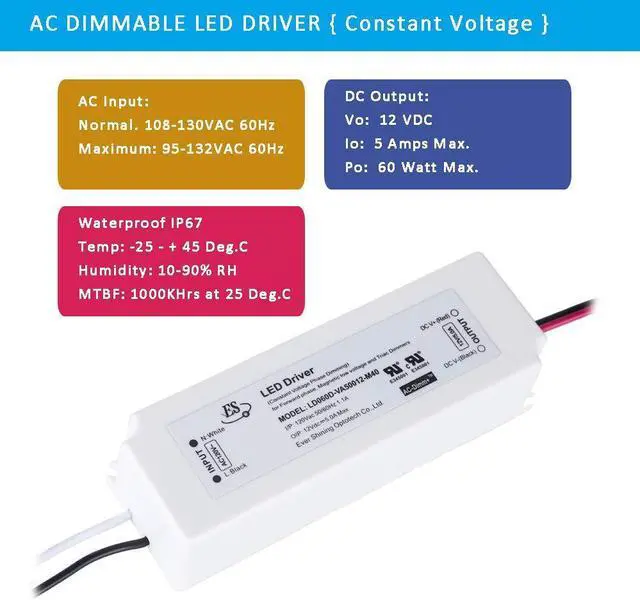 Alt view image 3 of 6 - LED Driver 12V 60 Watts Electric Transformer IP67 Triac Dimming LED Power Supply 110V to 12V DC 5Amps 60W Small LED Driver Waterproof Low Voltage