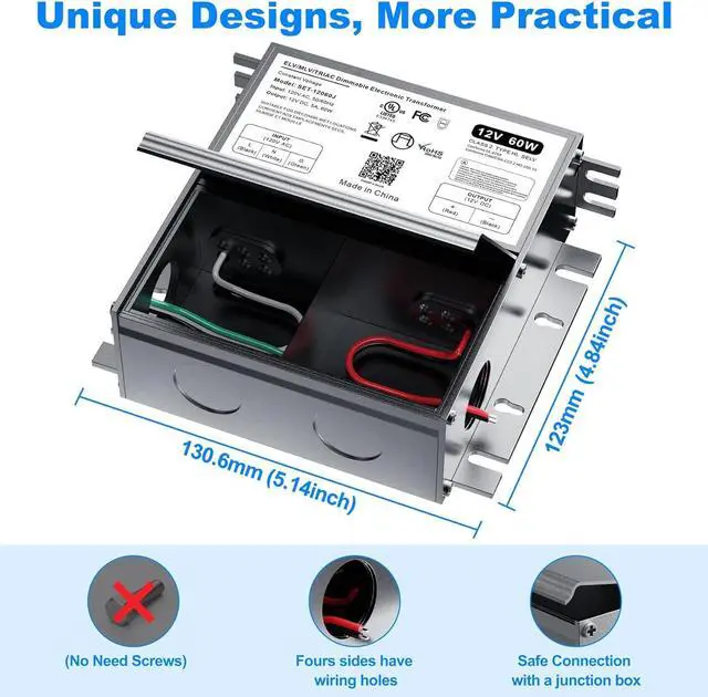 Alt view image 4 of 7 - 60W Dimmable LED Driver 12V with Junction Box,Triac ELV/MLV LED Transformer Compatible with Lutron&Leviton Switches,Dimmable Led Power Supply for Indoor/Outdoor LED Lights,UL&FCC-Listed