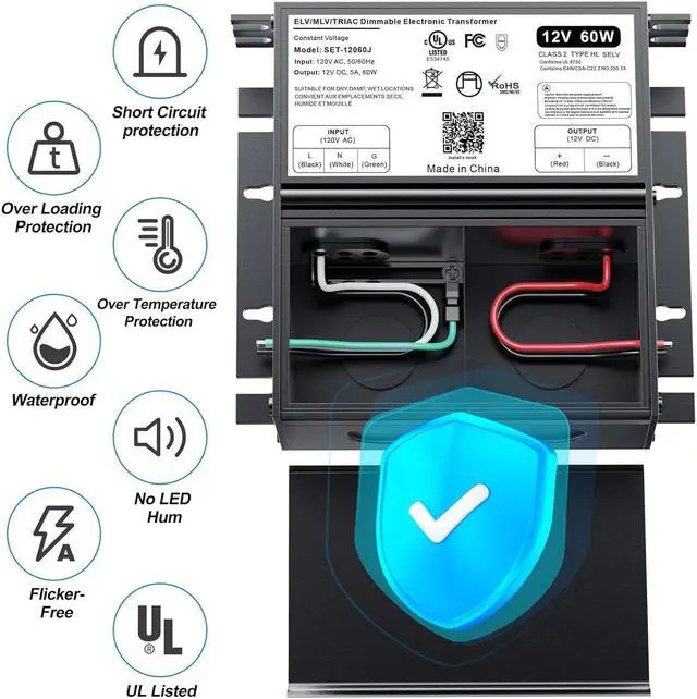 Alt view image 7 of 7 - 60W Dimmable LED Driver 12V with Junction Box,Triac ELV/MLV LED Transformer Compatible with Lutron&Leviton Switches,Dimmable Led Power Supply for Indoor/Outdoor LED Lights,UL&FCC-Listed