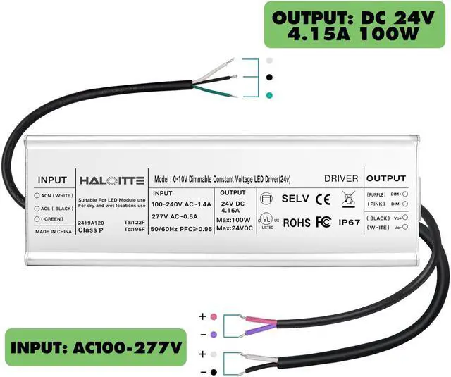 Alt view image 2 of 6 - 100W LED Driver, 120-277Vac to 24Vdc Constant Voltage Output, 0-10V Dimmable, Isolated 100 W Power Supply, IP67 Waterproof Low Voltage Transformer for LED Light Bar, String Light, UL FCC, 1PK