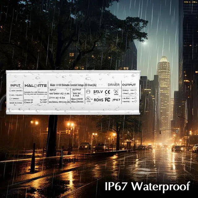 Alt view image 3 of 6 - 100W LED Driver, 120-277Vac to 24Vdc Constant Voltage Output, 0-10V Dimmable, Isolated 100 W Power Supply, IP67 Waterproof Low Voltage Transformer for LED Light Bar, String Light, UL FCC, 1PK