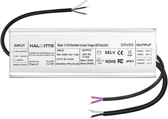 Main image of 100W LED Driver, 120-277Vac to 24Vdc Constant Voltage Output, 0-10V Dimmable, Isolated 100 W Power Supply, IP67 Waterproof Low Voltage Transformer for LED Light Bar, String Light, UL FCC, 1PK