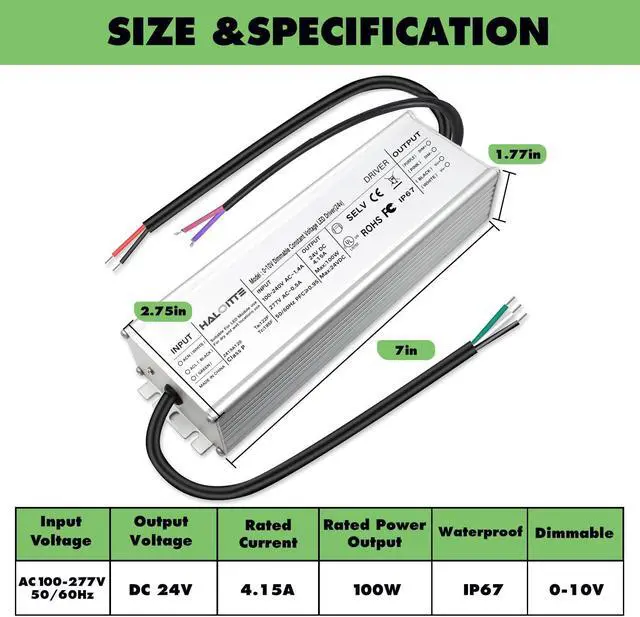 Alt view image 6 of 6 - 100W LED Driver, 120-277Vac to 24Vdc Constant Voltage Output, 0-10V Dimmable, Isolated 100 W Power Supply, IP67 Waterproof Low Voltage Transformer for LED Light Bar, String Light, UL FCC, 1PK
