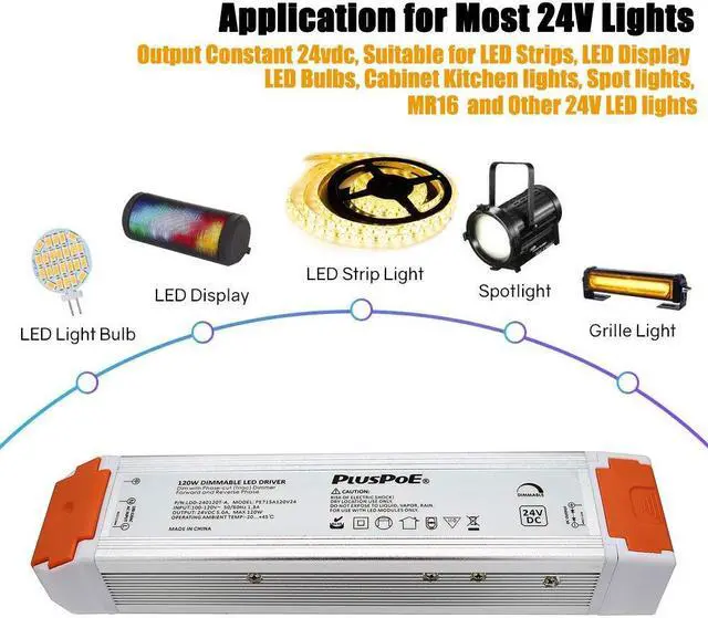 Alt view image 4 of 7 - 24V 120W Dimmable Led Driver, 110V AC to 24V DC Low Voltage Power Supply Dimming Transformer for 24V LED Strip Lights,Compatible with Lutron, Leviton and Other Wall Dimmer