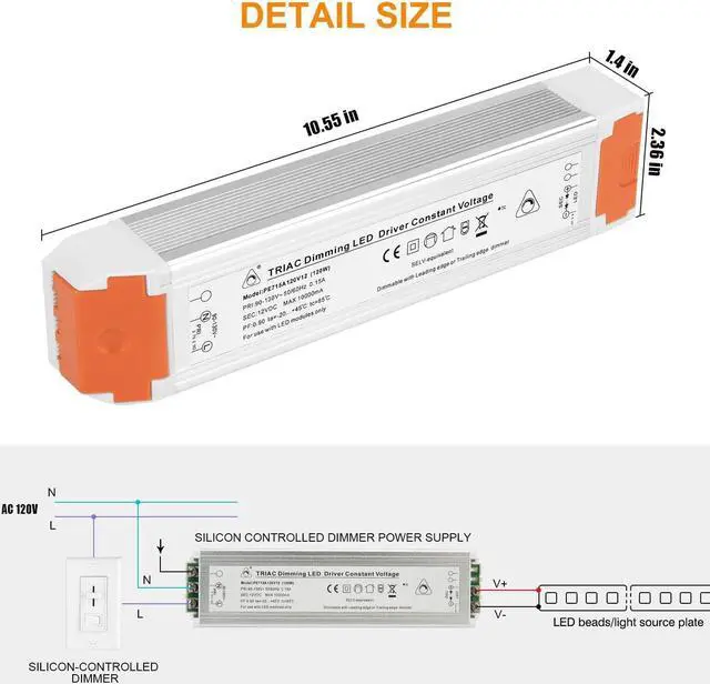 Alt view image 6 of 7 - 120 Watts 12V 10A Dimmable LED Driver Dimming LED Power Supply 110V to 12V DC led Transformer 12v dimmable (2 Pack)