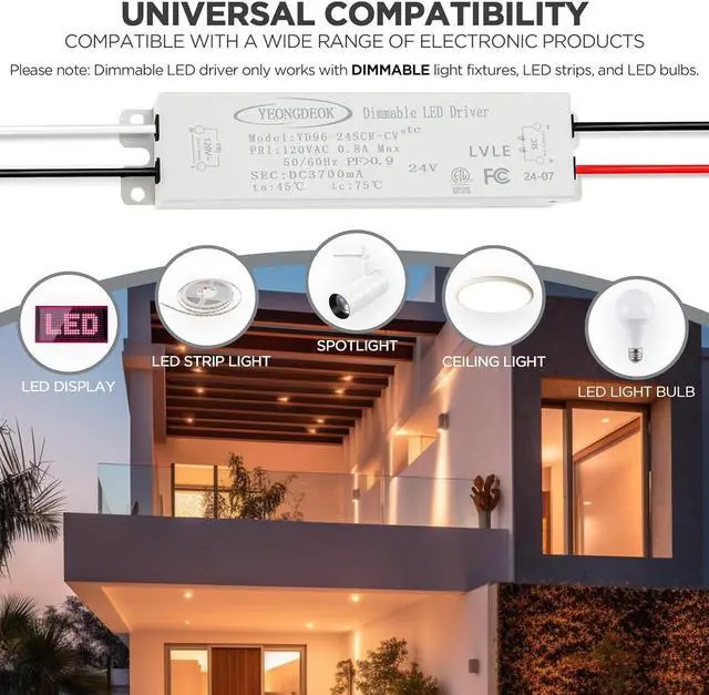 Alt view image 4 of 7 - 96W LED Driver Dimmable, 24V 3.7A Low Voltage Electronic Transformer, AC 120V to DC 24V Power Supply, Dimming Constant Voltage LED Driver for Track Lights, Spotlights