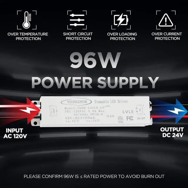 Alt view image 3 of 7 - 96W LED Driver Dimmable, 24V 3.7A Low Voltage Electronic Transformer, AC 120V to DC 24V Power Supply, Dimming Constant Voltage LED Driver for Track Lights, Spotlights