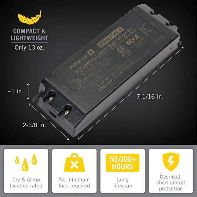 Alt view image 4 of 6 - Lighting 870450 45-Watt Dimming LED Driver, 24-Volt DC Universal Plus AC Dimmable Power Supplies, Black
