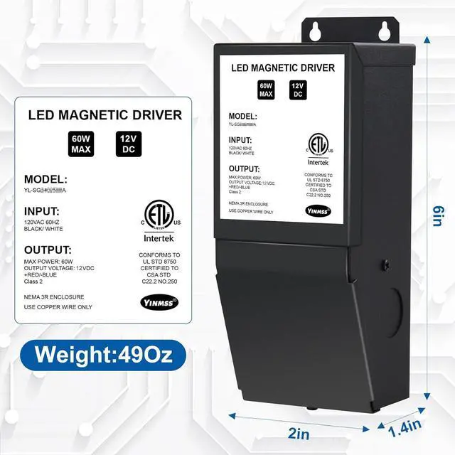 Alt view image 3 of 7 - LED Driver 12V 60W Magnetic Dimmable LED Transformer,Magnetic Power Supply 120VAC to 12VDC,Compatible with Lutron and Leviton Dimmers, for LED Strip Lights, Kitchen, Cabinet, ETL Listed