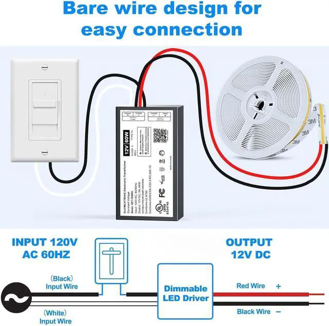 Alt view image 6 of 7 - 2PCS 60W Dimmable LED Driver 12V, Triac/ELV/MLV AC to DC Compatible with Lutron Dimmer, Dimmable LED Power Supply 60W 12V Class2 Transformer for LED Strip Light, Low Voltage Lighting Project