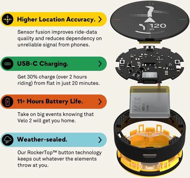 Alt view image 4 of 6 - Bike GPS Computer - Velo 2 | Wireless Global Navigation Map | Weatherproof & 11+ Hours Battery Life | USB Charging | Sat Nav for Cycling with a Strap Mount Included | Glove Friendly