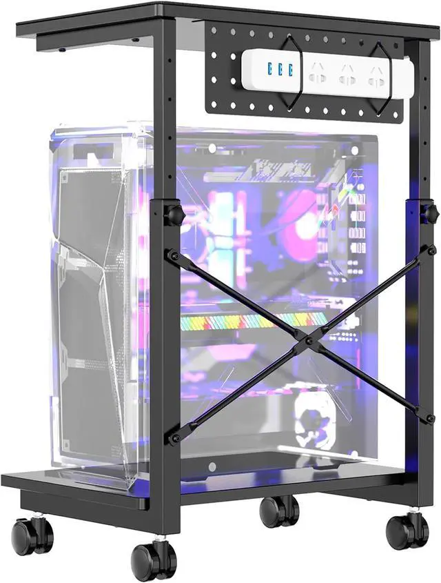 Main image of PC Tower Stand, Height Adjustable Computer Tower Stand Under Desk, 2-Tier ATX-Case PC Floor Stand, PC Holder, Under Desk Printer Stand with Rolling Wheels, Black