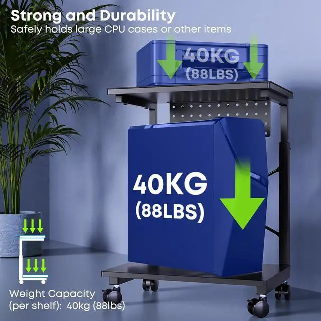 Alt view image 3 of 7 - PC Tower Stand, Height Adjustable Computer Tower Stand Under Desk, 2-Tier ATX-Case PC Floor Stand, PC Holder, Under Desk Printer Stand with Rolling Wheels, Black