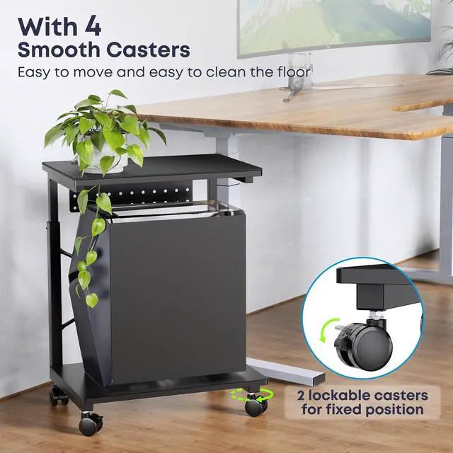 Alt view image 7 of 7 - PC Tower Stand, Height Adjustable Computer Tower Stand Under Desk, 2-Tier ATX-Case PC Floor Stand, PC Holder, Under Desk Printer Stand with Rolling Wheels, Black