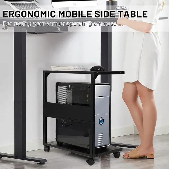 Alt view image 5 of 7 - Computer Tower Stand, Iron PC Stand 2-Tier CPU Stand with Locking Caster Wheels Suitable for Most PC (Black, L)