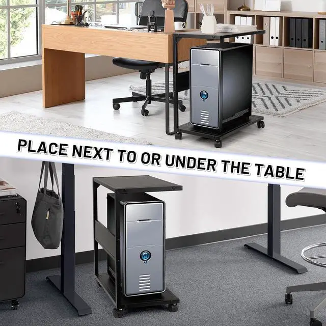Alt view image 4 of 7 - Computer Tower Stand, Iron PC Stand 2-Tier CPU Stand with Locking Caster Wheels Suitable for Most PC (Black, L)
