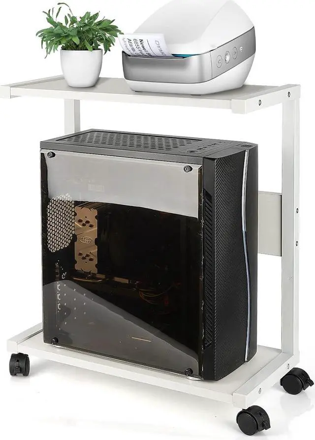 Main image of Computer Tower Stand, PC Stand 2-Tier CPU Stand with Lockable Wheels Under Desk Fits Most PC (White)