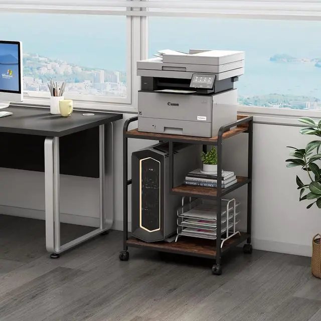 Alt view image 7 of 7 - 22 x 18 Inch Large Printer Stand, Mobile Printer Table with Wheels for Home Office Storage and Organization, PC Tower Stand, Host Computer Cart, Shelf for Desktop CPU Shredder - Rustic Brown
