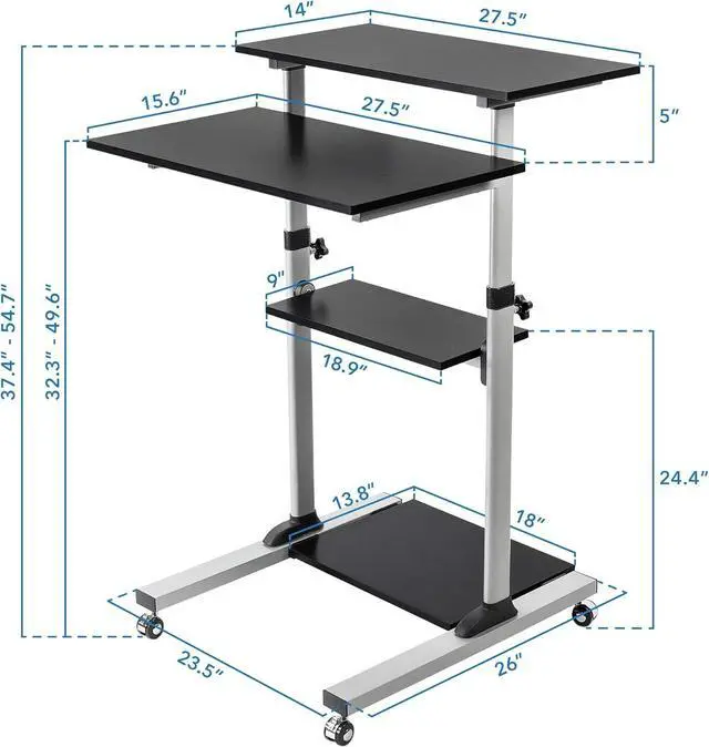 Alt view image 2 of 7 - Rolling Desk Adjustable Height up to 54.7", Portable Standing Desk for Laptop or Podium Stand with Wheels, Mobile Roller Presentation Cart, Computer Work Station 27.5" Wide, Locking Wheels