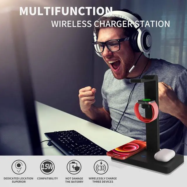 Alt view image 2 of 7 - Headphone Stand Headset Holder with Wireless Charger, 4 in 1 Fast Wireless Charging Station for  Watch,Air Pods Pro/2, iPhone13/12/11/X, Earphone Hanger with 2 USB-C Ports for Desktop Gamer Room