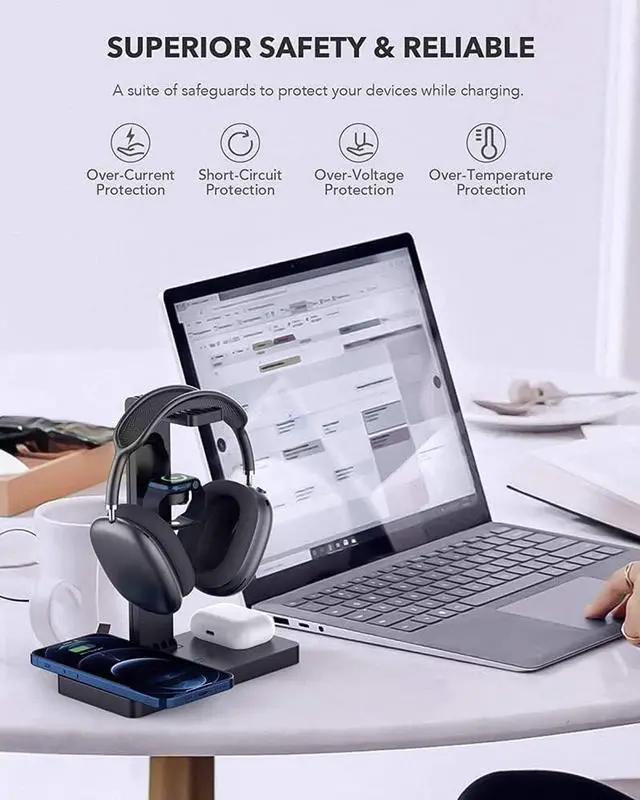Alt view image 5 of 7 - Headphone Stand Headset Holder with Wireless Charger, 4 in 1 Fast Wireless Charging Station for  Watch,Air Pods Pro/2, iPhone13/12/11/X, Earphone Hanger with 2 USB-C Ports for Desktop Gamer Room