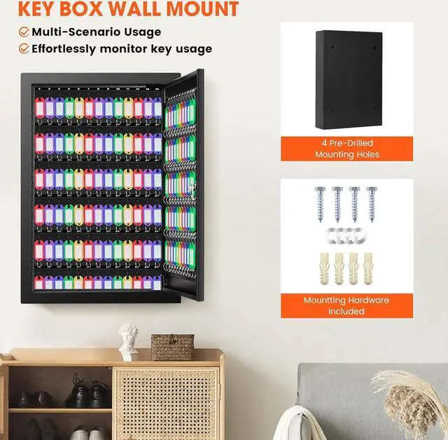Alt view image 7 of 7 - 150 Keys Cabinet Organizer Wall Mount, Heavy Duty Key Lock Box with Key Hooks & 150 Tags Key Labels, Security Lockbox for Valets, Hotels, Car, Office Key Management & Storage