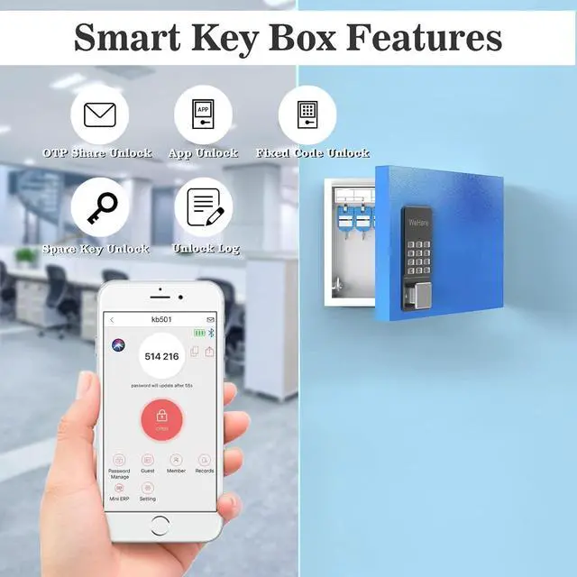 Alt view image 2 of 7 - 16 Key Lock Box Wall Mount, APP Bluetooth/OTP/Wi-Fi/Fixed Code/Key Unlock, Smart Key Cabinet with Key Tag, Key Organizer Holder Box, Key Management Directory for Office, Valet, Realtor, Hotel