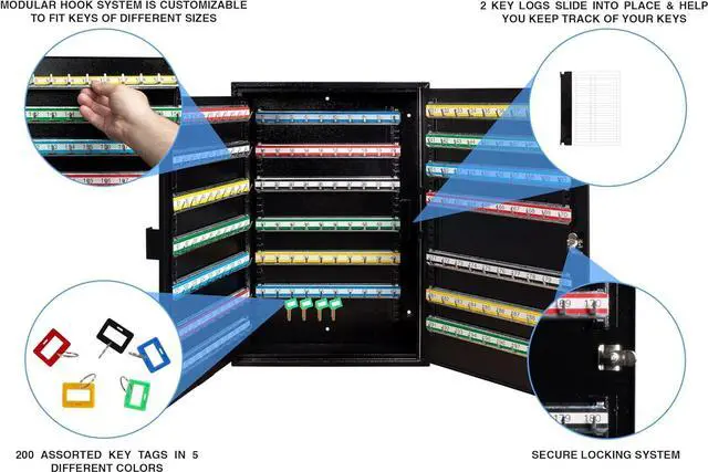 Alt view image 4 of 7 - 200 Position Key Cabinet with Key Lock, Black (K200) for Key Management use by Valets, Hotels, Car Dealerships. Key Box Wall Mount, Screws and Wall Anchors Included