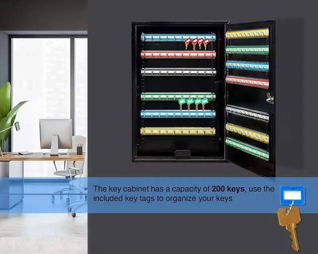 Alt view image 6 of 7 - 200 Position Key Cabinet with Key Lock, Black (K200) for Key Management use by Valets, Hotels, Car Dealerships. Key Box Wall Mount, Screws and Wall Anchors Included