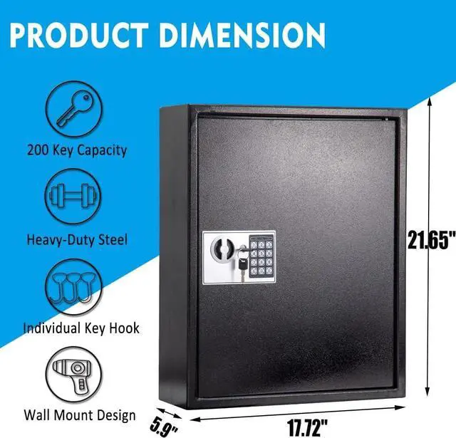 Alt view image 3 of 7 - Key Box Wall Mount 200 Position Valet Digital Key Cabinet Lock Box with Code, Electronic Key Holder Lockbox with Key Tags, Key Organizer Locker Box, Black