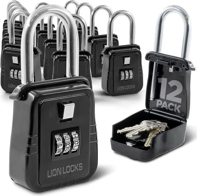 Main image of Lion Locks 12-Pack Alpha Key Lock Box with Code, 12 Pack - Outdoor Realtor Lock Box, Property Management, Short Term Rental Key Safe Lock Box, Holds 5 Keys, Black