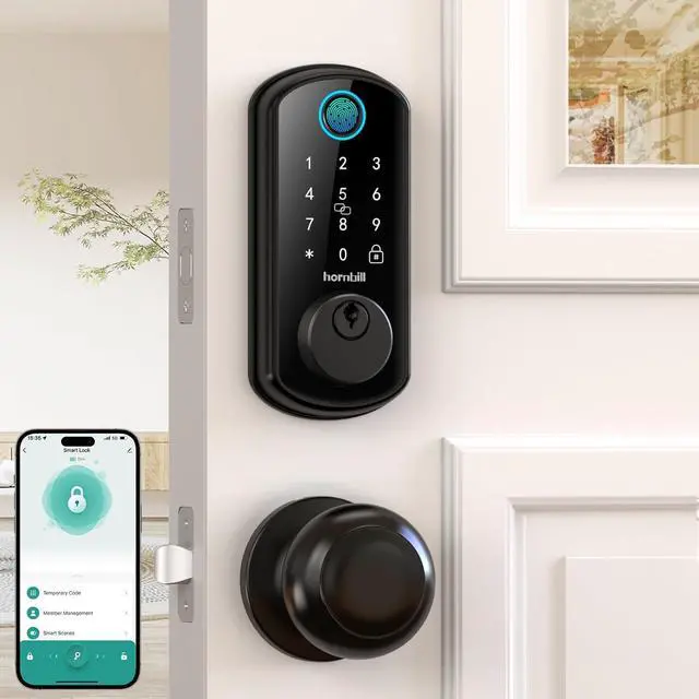 Main image of WiFi Smart Door Lock Set: Hornbill Keyless Entry Door Lock Deadbolt with Handle Set Fingerprint Front Door Lock with 2 Knobs Alexa Bluetooth Remote Code Auto Lock for Home Hotel Security Black