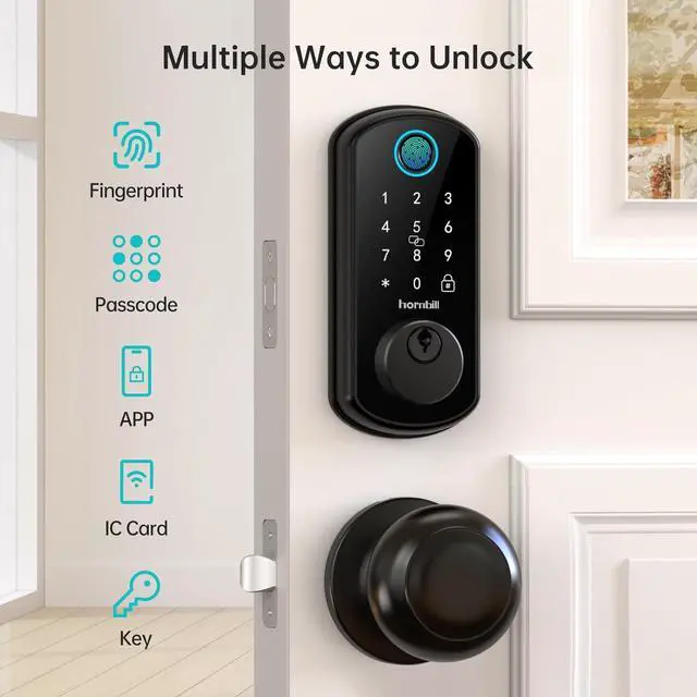 Alt view image 3 of 7 - WiFi Smart Door Lock Set: Hornbill Keyless Entry Door Lock Deadbolt with Handle Set Fingerprint Front Door Lock with 2 Knobs Alexa Bluetooth Remote Code Auto Lock for Home Hotel Security Black