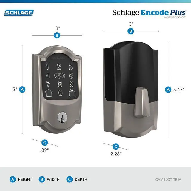 Alt view image 3 of 7 - BE499WB CAM 619 Encode Plus WiFi Deadbolt Smart Lock, Keyless Entry Touchscreen Door Lock with Camelot Trim, Satin Nickel