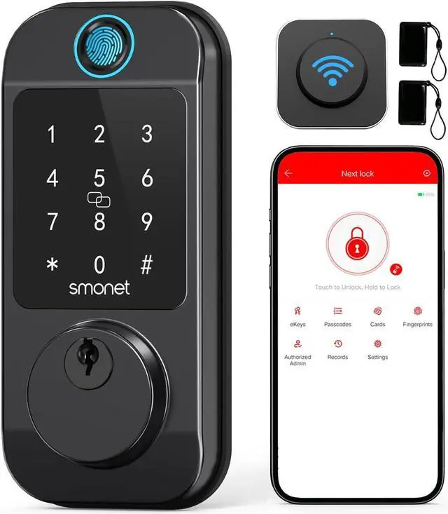 Main image of Smart Locks WiFi Deadbolt: SMONET Fingerprint Front Door Lock Keyless Entry with Keypad Electronic Digital Deadbolt Alexa Gateway Remote Control, Bluetooth APP KeyFob Code Auto-Lock for Home, Black