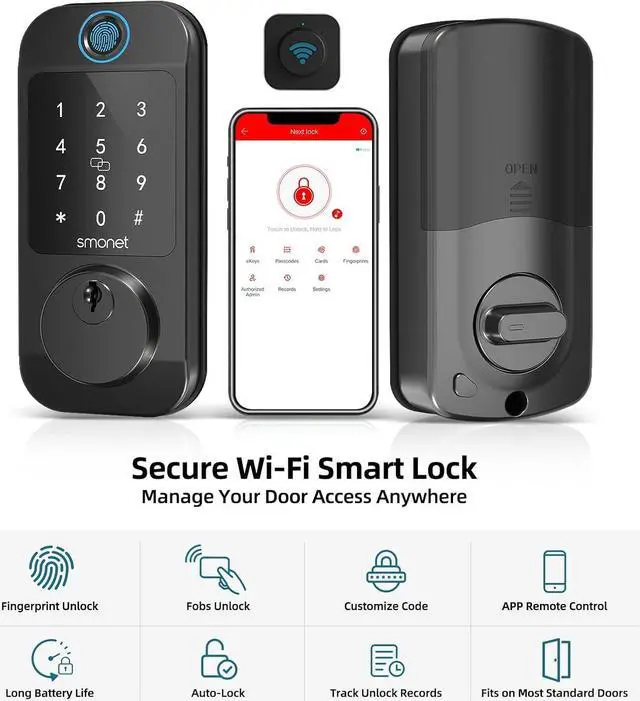 Alt view image 2 of 7 - Smart Locks WiFi Deadbolt: SMONET Fingerprint Front Door Lock Keyless Entry with Keypad Electronic Digital Deadbolt Alexa Gateway Remote Control, Bluetooth APP KeyFob Code Auto-Lock for Home, Black