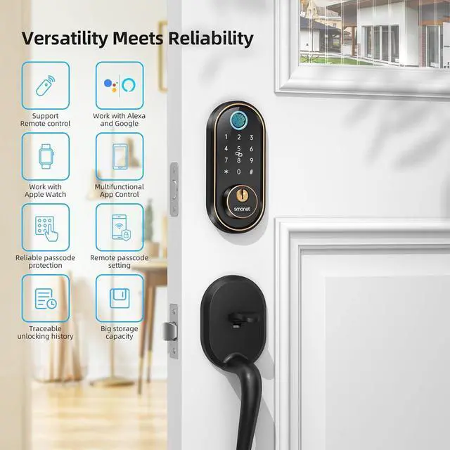Alt view image 5 of 7 - Smart Keyless Entry Door Lock - Fingerprint Electronic Deadbolt Touchscreen Keypad SMONET Biometric Digital Bluetooth Door Lock Smart Deadbolt Work with Alexa for Homes and Hotel