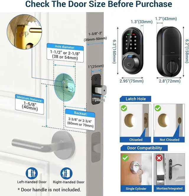 Alt view image 6 of 6 - Smart Lock, Fingerprint Door Lock, 7-in-1 Keyless Entry Door Lock with App Control, Electronic Touchscreen Keypad, Smart Deadbolt, Biometric Smart Locks for Front Door, Matte Black