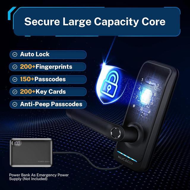 Alt view image 6 of 7 - Smart Door Lock with Handle: Keyless Entry Door Lock - Fingerprint Keypad Door Lock - Digital Door Lock - WiFi Smart Lock for Front Door - IP66 Weatherproof - Easy Installation(Black)