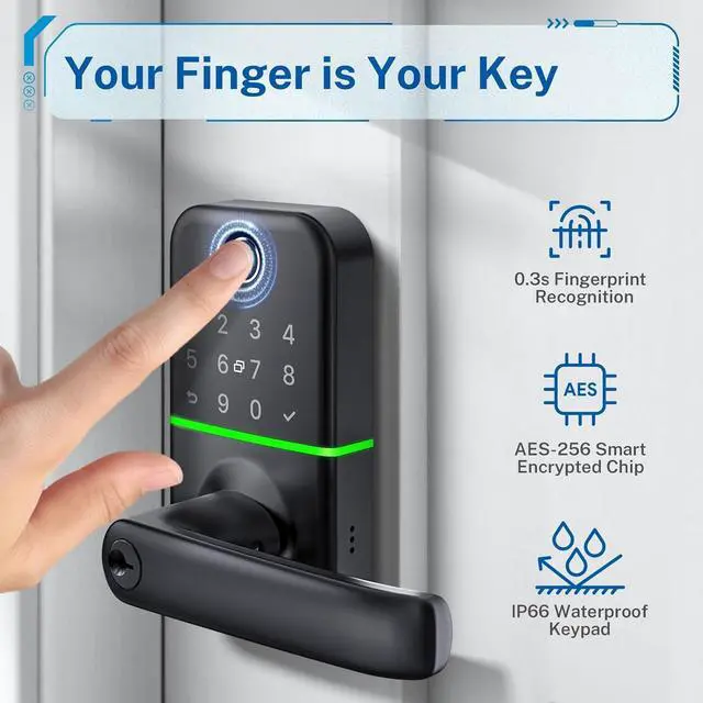 Alt view image 3 of 6 - Smart Door Lock with Handle: Kucacci Keyless Entry Door Lock - Digtal Door Lock with Keypad Code - Fingerprint Door Lever Lock Deadbolt Alternative - Electronic Smart Lock for Front Door
