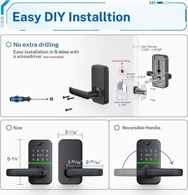 Alt view image 6 of 6 - Smart Door Lock with Handle: Kucacci Keyless Entry Door Lock - Digtal Door Lock with Keypad Code - Fingerprint Door Lever Lock Deadbolt Alternative - Electronic Smart Lock for Front Door