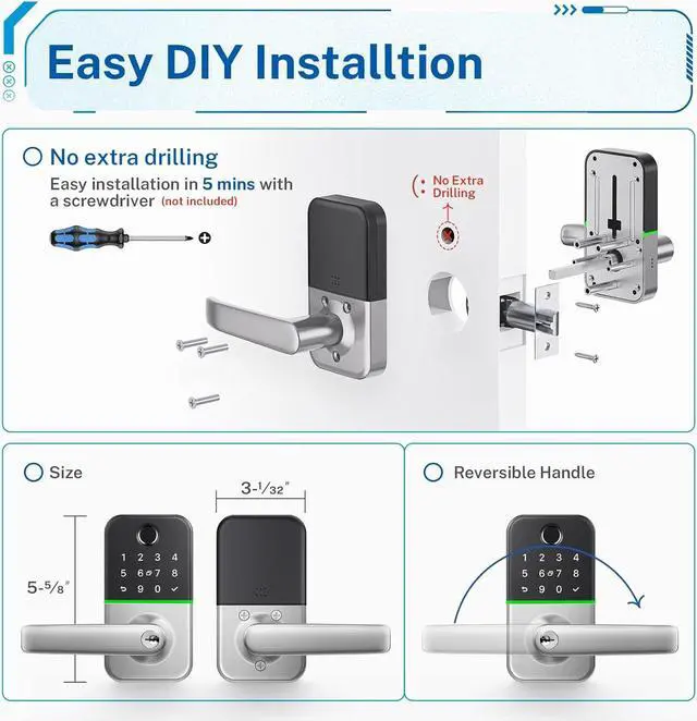 Alt view image 6 of 7 - Smart Door Lock with Handle: Kucacci Keyless Entry Door Lock - Smart Lock for Front Door - Electronic Door Lock with Keypad for Exterior Door - Deadbolt Lever Alternative - Easy Installation