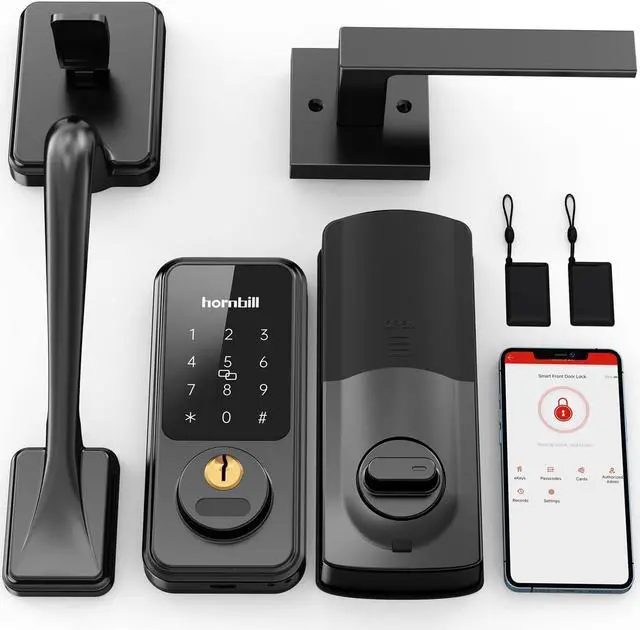 Main image of Entry Door Lock with Handle, Hornbill Smart Front Door Lock Set, Electronic Keypad Deadbolt Lock, Alexa Front Door Handle Set, Digital Lock via Bluetooth APP/Keyfob/Auto Lock-Matte Black