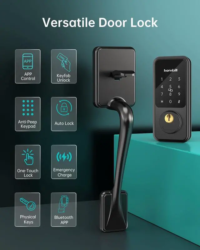 Alt view image 2 of 7 - Entry Door Lock with Handle, Hornbill Smart Front Door Lock Set, Electronic Keypad Deadbolt Lock, Alexa Front Door Handle Set, Digital Lock via Bluetooth APP/Keyfob/Auto Lock-Matte Black