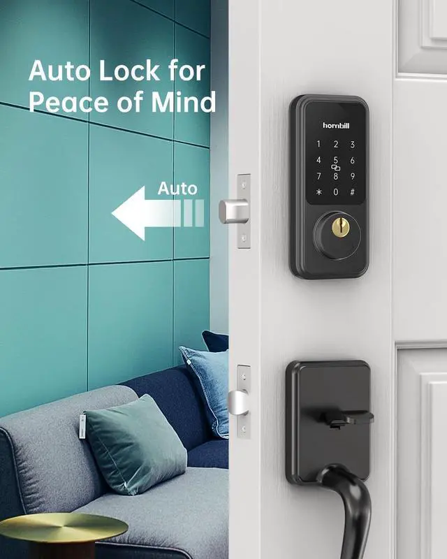 Alt view image 4 of 7 - Entry Door Lock with Handle, Hornbill Smart Front Door Lock Set, Electronic Keypad Deadbolt Lock, Alexa Front Door Handle Set, Digital Lock via Bluetooth APP/Keyfob/Auto Lock-Matte Black